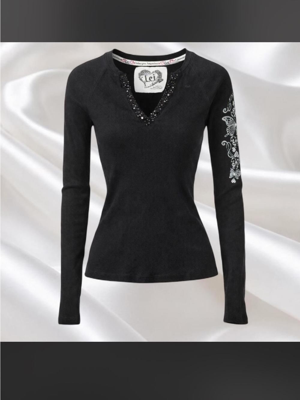 Lei Black Long-Sleeve V-Neck Top with Embellished Sleeve tattoo Ed hardy style